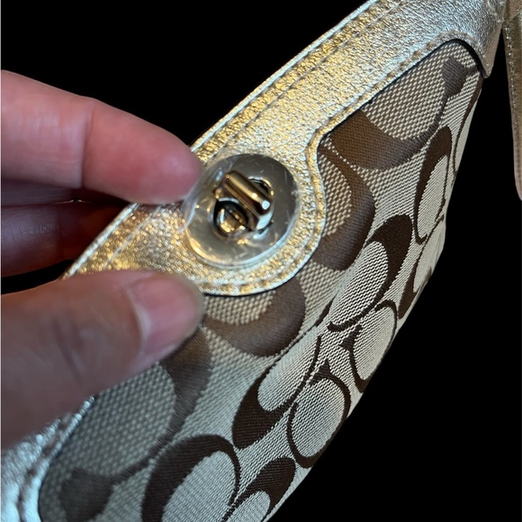 Coach Signature Brown Canvas Gold Leather Trim Turnlock Wristlet - Coin Wallet - Picture 6 of 12